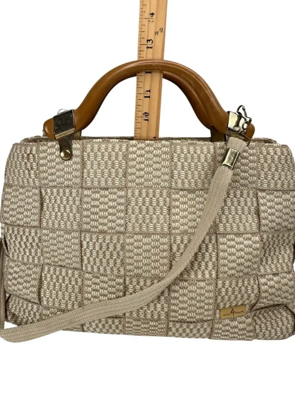 Alma Tunutti Woven Satchel Beige Top Handle Crossbody Wooden Handle Bag
